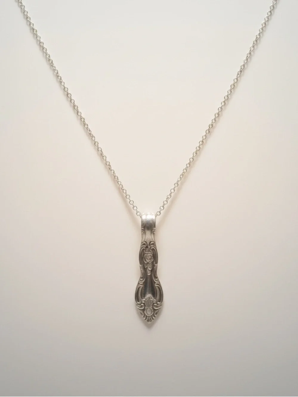 Handmade‎ boho repurposed silver stainless steel floral spoon pendant necklace